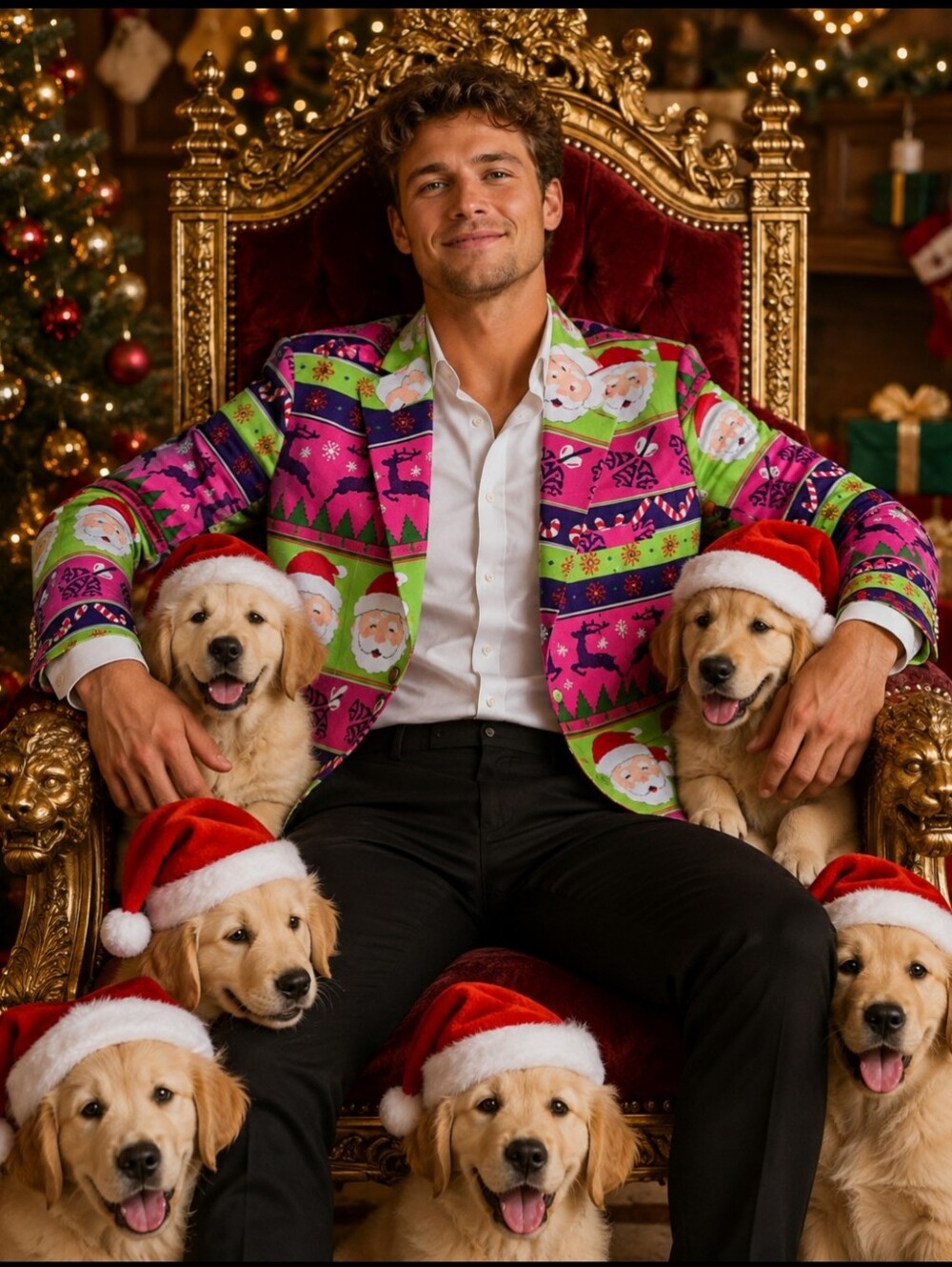 HOLIDAY TIME mens Christmas Blazer Size XL 46-48 Neon Pink Green Santa Claus